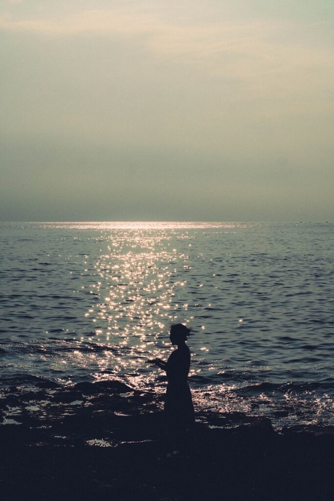 A person standing on a beach next to the ocean